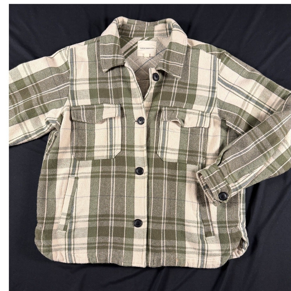 Lucky Brand Olive Green Plaid Shacket Shirt Jacket Medium Western Oversized